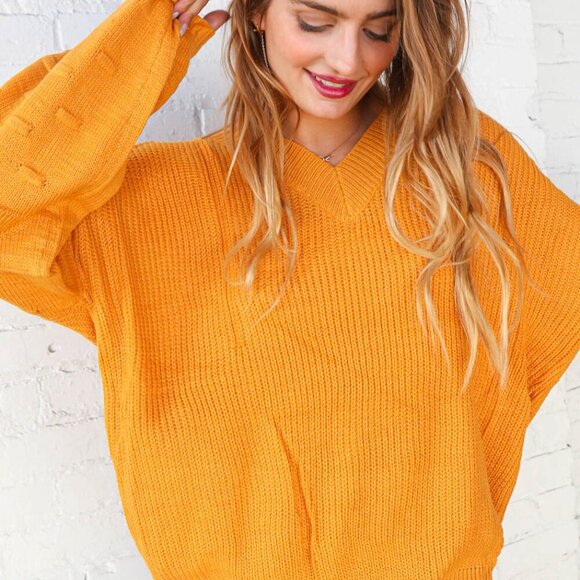 New Mustard V Neck Chunky Textured Bubble Sleeve Sweater 3x - Picture 5 of 8